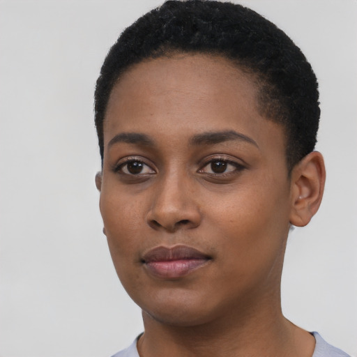 Neutral black young-adult female with short  black hair and brown eyes