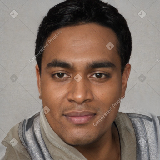 Joyful latino young-adult male with short  black hair and brown eyes