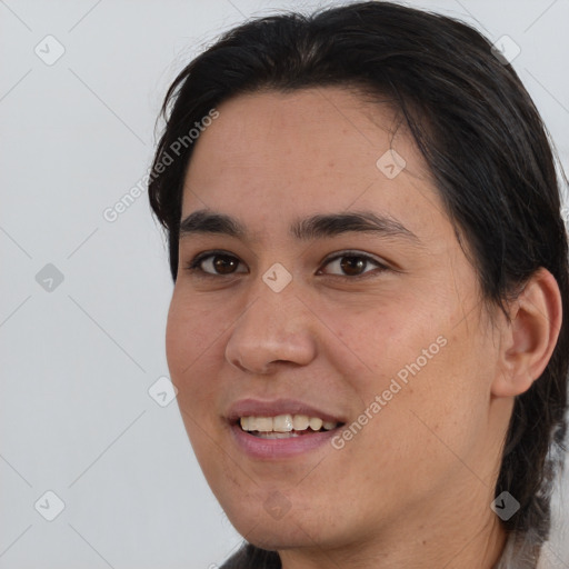 Joyful white young-adult female with medium  brown hair and brown eyes