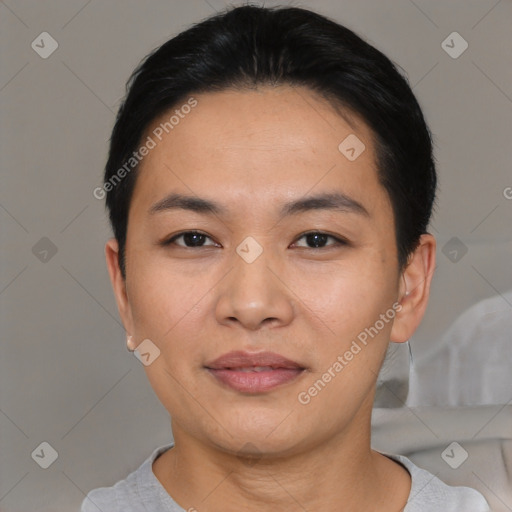 Joyful asian young-adult female with short  black hair and brown eyes