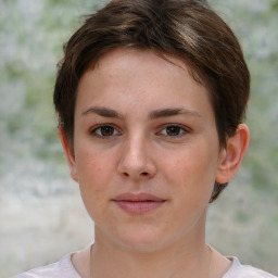 Neutral white young-adult female with short  brown hair and brown eyes