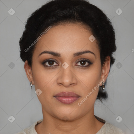 Joyful latino young-adult female with short  black hair and brown eyes