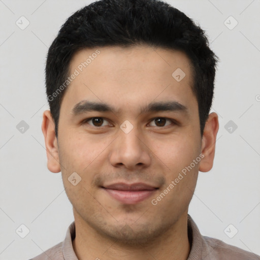 Joyful white young-adult male with short  black hair and brown eyes