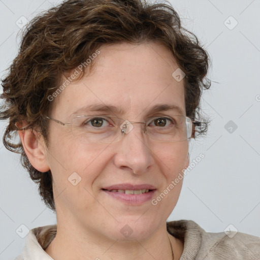 Joyful white adult female with short  brown hair and grey eyes