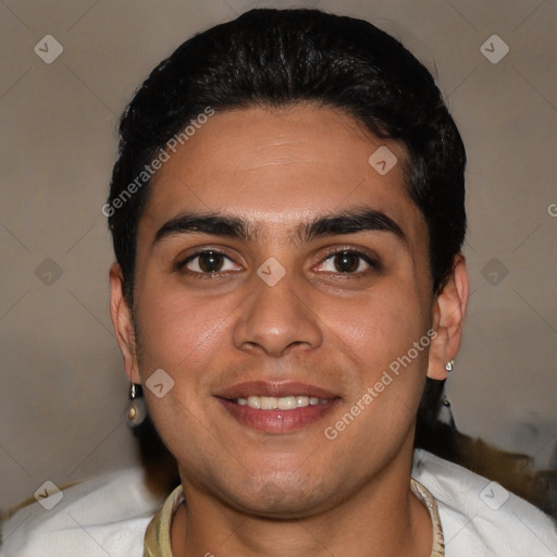 Joyful white young-adult male with short  black hair and brown eyes