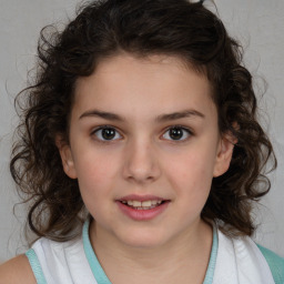 Joyful white child female with medium  brown hair and brown eyes