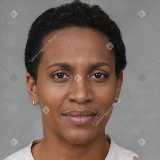 Joyful black young-adult female with short  brown hair and brown eyes