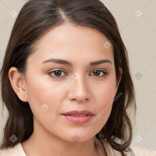 Neutral white young-adult female with medium  brown hair and brown eyes