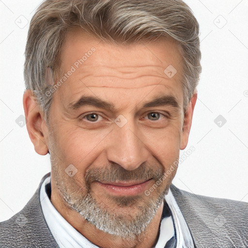 Joyful white middle-aged male with short  brown hair and brown eyes