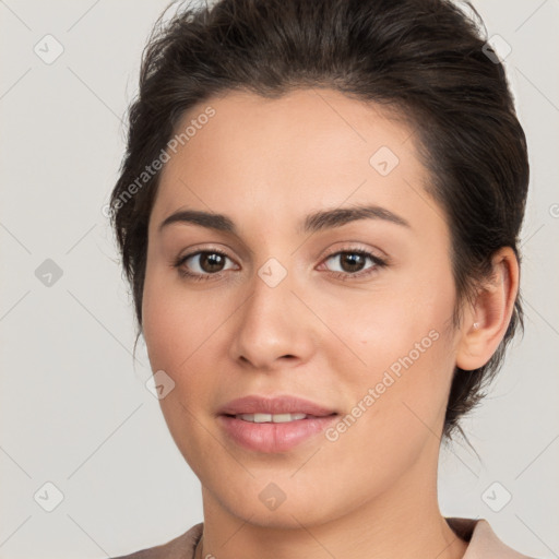 Joyful white young-adult female with medium  brown hair and brown eyes