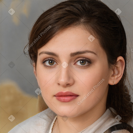 Neutral white young-adult female with medium  brown hair and brown eyes