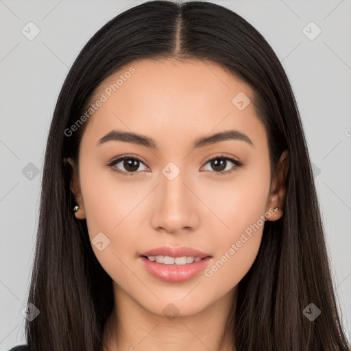 Joyful white young-adult female with long  black hair and brown eyes