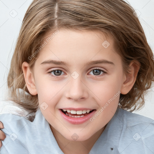 Joyful white child female with medium  brown hair and brown eyes