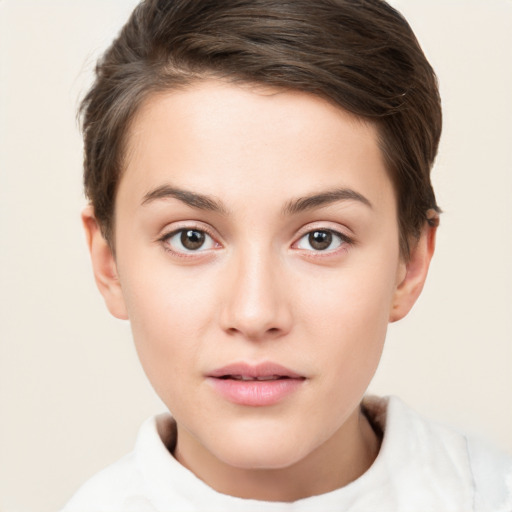 Neutral white young-adult female with short  brown hair and brown eyes