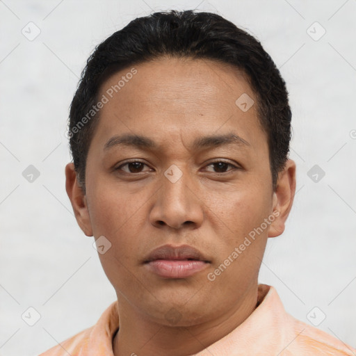 Neutral latino adult male with short  black hair and brown eyes