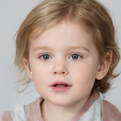 Neutral white child female with medium  brown hair and blue eyes