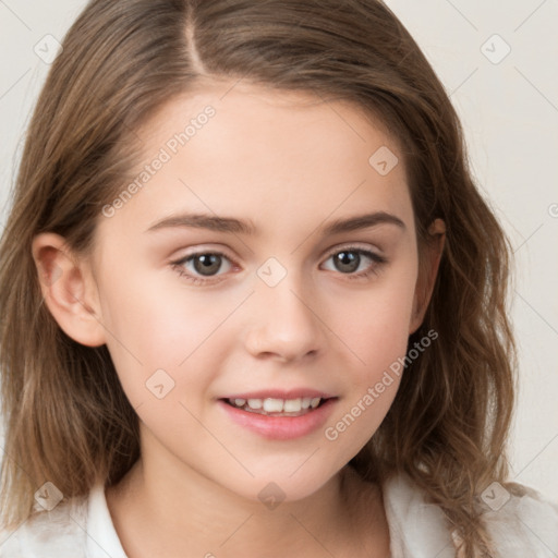 Joyful white child female with medium  brown hair and brown eyes