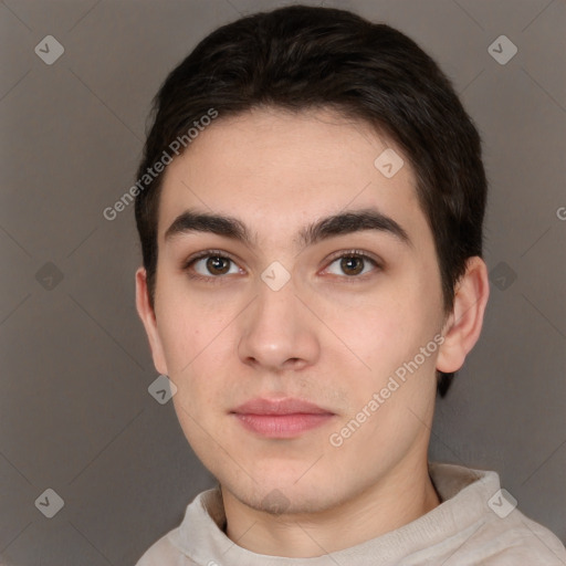 Neutral white young-adult male with short  brown hair and brown eyes