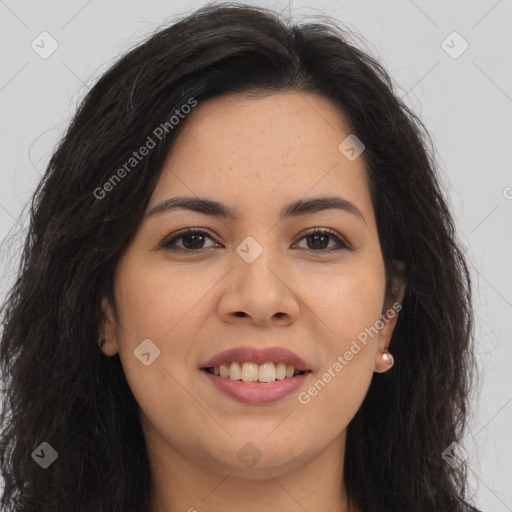 Joyful asian young-adult female with long  brown hair and brown eyes