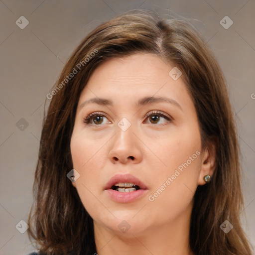 Neutral white young-adult female with medium  brown hair and brown eyes