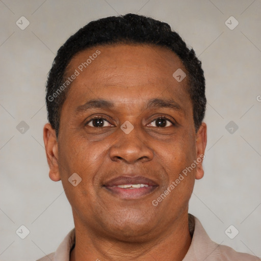 Joyful latino adult male with short  brown hair and brown eyes