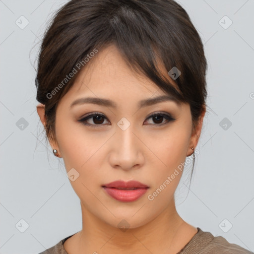 Neutral asian young-adult female with medium  brown hair and brown eyes