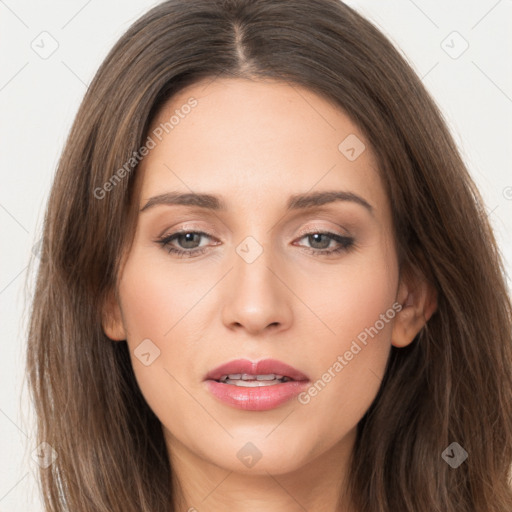 Neutral white young-adult female with long  brown hair and brown eyes