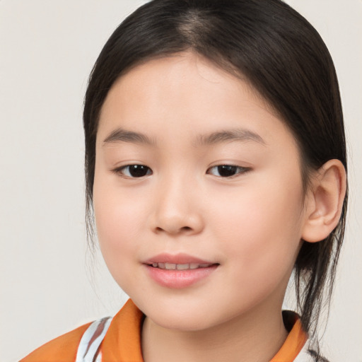 Joyful white child female with medium  brown hair and brown eyes