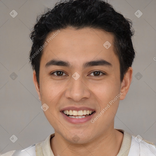 Joyful white young-adult male with short  black hair and brown eyes