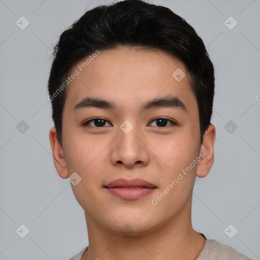 Joyful asian young-adult male with short  black hair and brown eyes