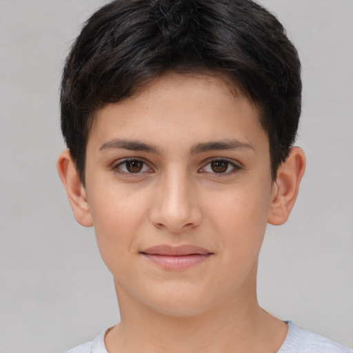 Joyful white child female with short  brown hair and brown eyes