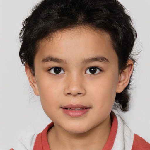 Joyful white child female with medium  brown hair and brown eyes