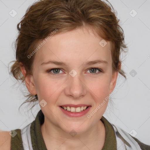 Joyful white young-adult female with medium  brown hair and blue eyes