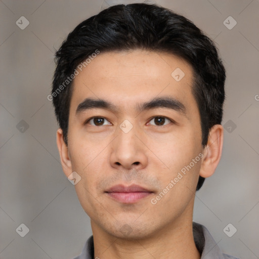 Neutral asian young-adult male with short  black hair and brown eyes