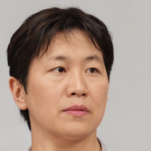 Neutral asian adult female with short  brown hair and brown eyes