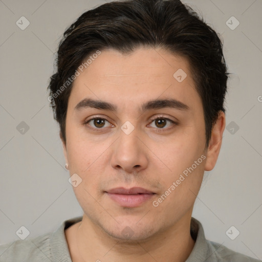 Neutral white young-adult male with short  brown hair and brown eyes