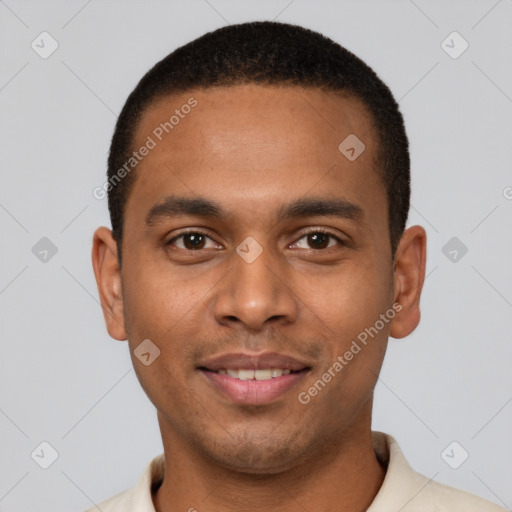 Joyful latino young-adult male with short  brown hair and brown eyes