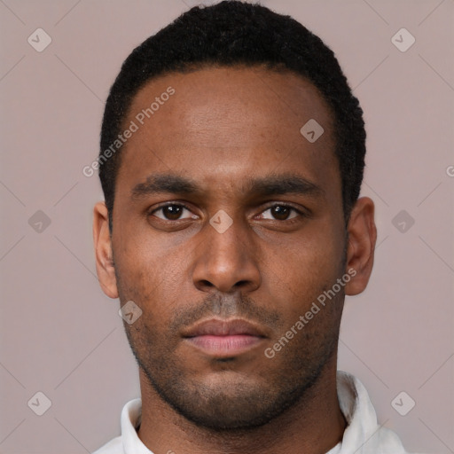 Neutral black young-adult male with short  black hair and brown eyes