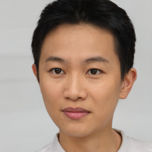 Neutral asian young-adult male with short  brown hair and brown eyes
