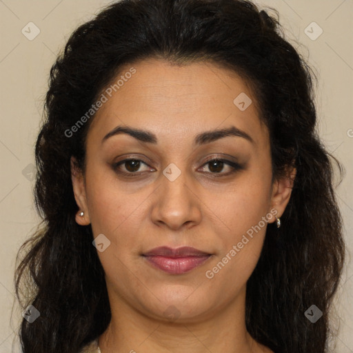 Joyful latino young-adult female with long  brown hair and brown eyes