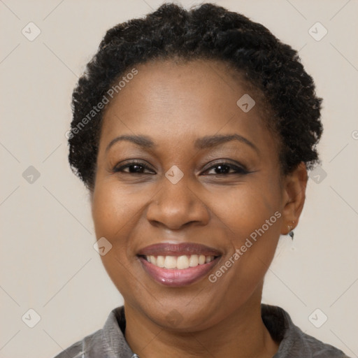 Joyful black adult female with short  brown hair and brown eyes