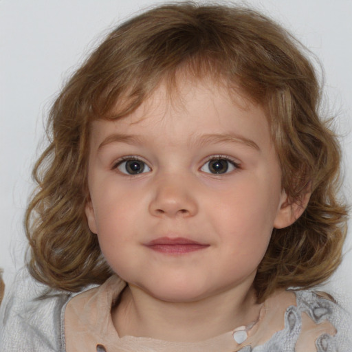 Neutral white child female with medium  brown hair and blue eyes