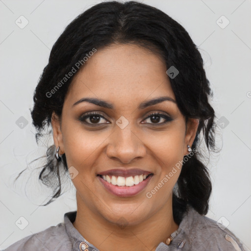 Joyful latino young-adult female with medium  black hair and brown eyes