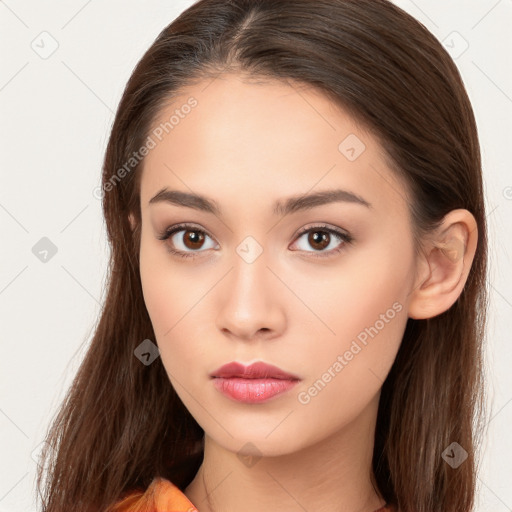 Neutral white young-adult female with long  brown hair and brown eyes