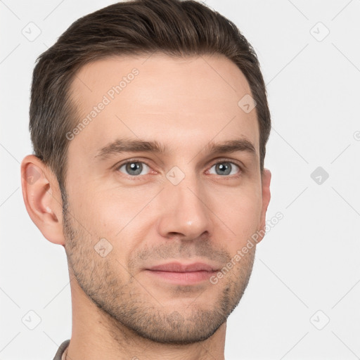 Neutral white adult male with short  brown hair and brown eyes