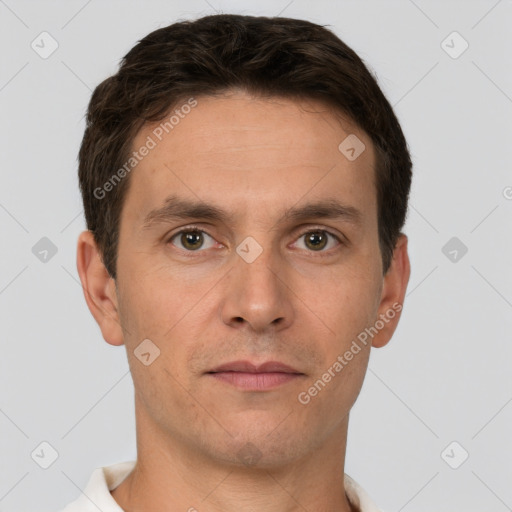 Neutral white adult male with short  brown hair and brown eyes