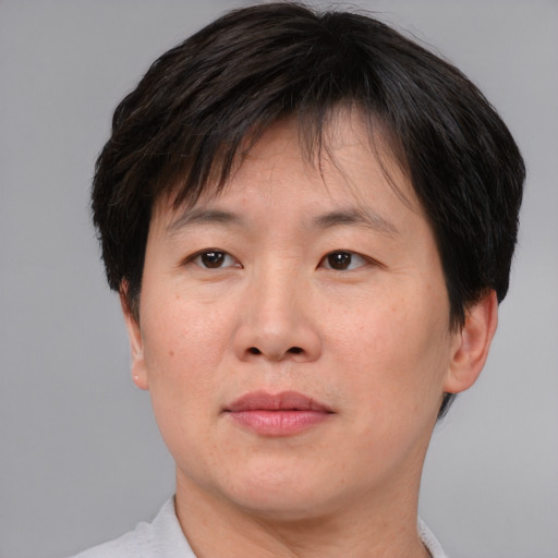 Joyful asian adult female with short  brown hair and brown eyes