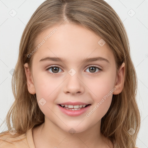 Joyful white child female with medium  brown hair and brown eyes