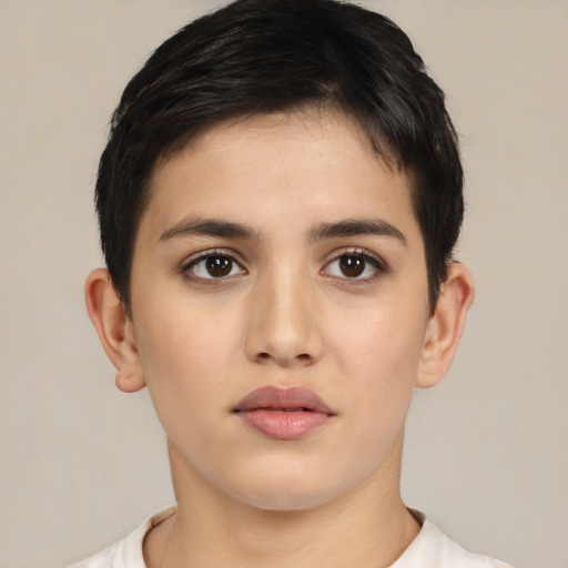 Neutral white young-adult female with short  black hair and brown eyes