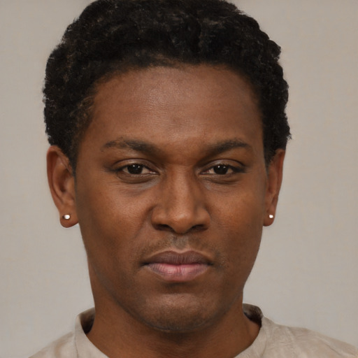 Neutral black young-adult male with short  brown hair and brown eyes